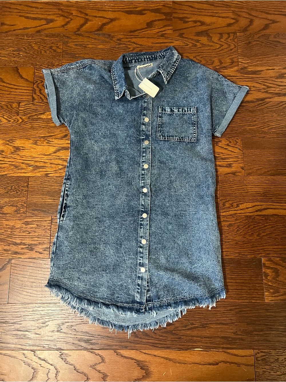 Button-Front Washed Denim Mini Dress in Blue